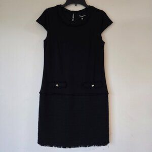 Carl Lagerfeld NWT Cap Slv Shift Black Dress, Frayed Hem, Gold Embellishments 8